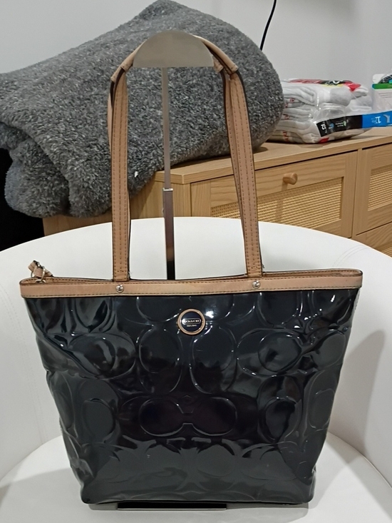 Coach Handbags - Coach Black Patent Leather Signature Tote with Tan Trim